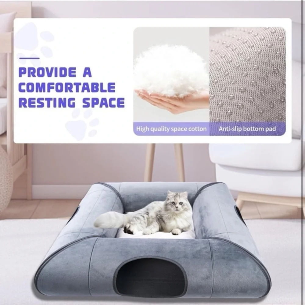 Cat Tunnel Bed, Indoor Cat Cave, Removable Cat Tunnel with Removable Soft Pad